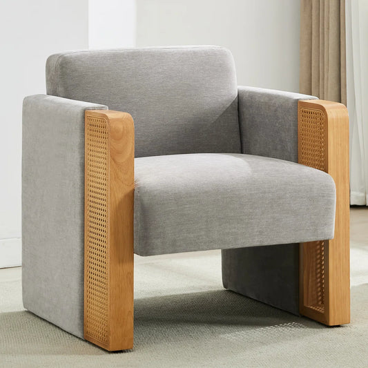 Wide Modern Upholstered Rattan Accent Armchair