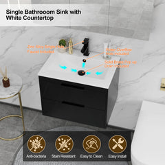 Wall Mounted Single Bathroom Vanity Set with Sink Top, Zinc Alloy Faucet, Floating Cabinet with Soft-Close Drawers