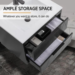 Wall Mounted Single Bathroom Vanity Set with Sink Top, Zinc Alloy Faucet, Floating Cabinet with Soft-Close Drawers