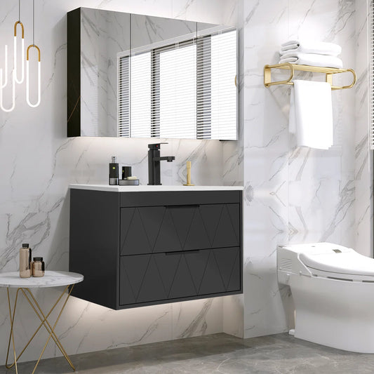 Wall Mounted Single Bathroom Vanity Set with Sink Top, Zinc Alloy Faucet, Floating Cabinet with Soft-Close Drawers