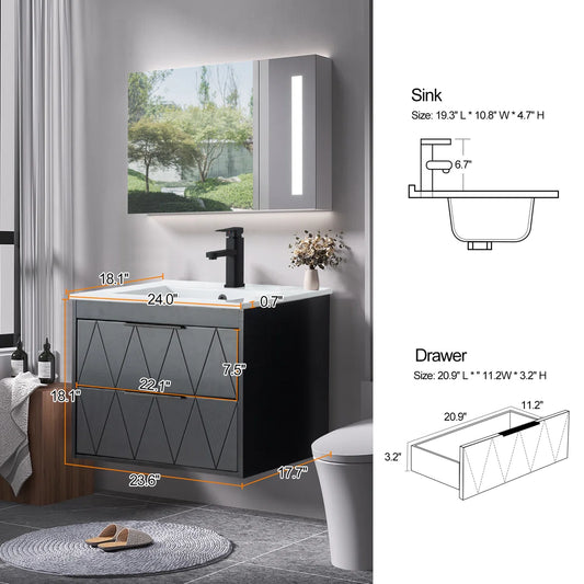 Wall Mounted Single Bathroom Vanity Set with Sink Top, Zinc Alloy Faucet, Floating Cabinet with Soft-Close Drawers