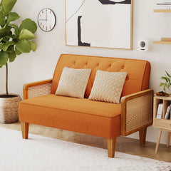 Modern Coastal  Loveseat – Linen Fabric Sofa with Rattan Arms