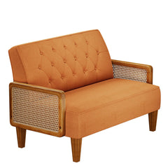 Modern Coastal  Loveseat – Linen Fabric Sofa with Rattan Arms