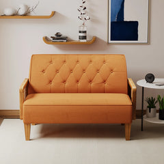 Modern Coastal  Loveseat – Linen Fabric Sofa with Rattan Arms