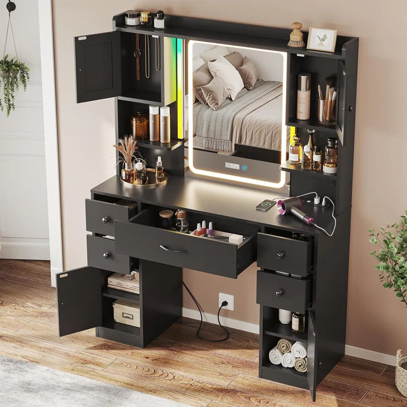 Trembly Modern Vanity Desk with LED Lighted Mirror With Multiple Storage Drawers and Open Shelves