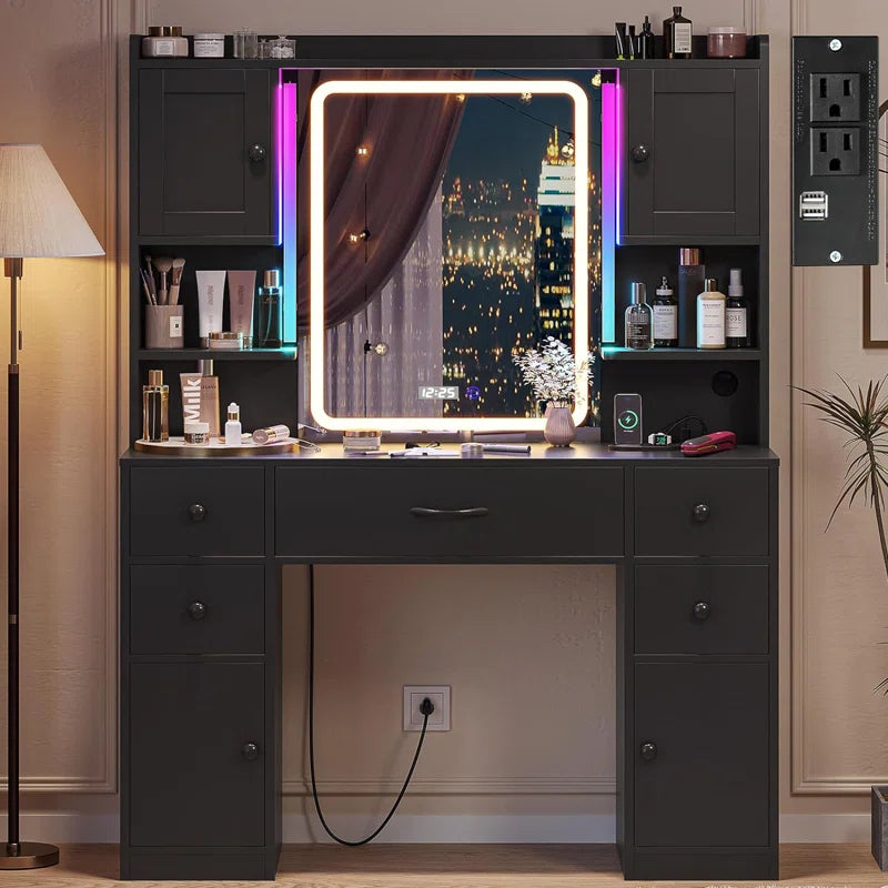 Trembly Modern Vanity Desk with LED Lighted Mirror With Multiple Storage Drawers and Open Shelves