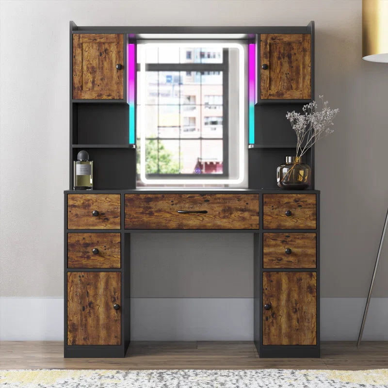 Trembly Modern Vanity Desk with LED Lighted Mirror With Multiple Storage Drawers and Open Shelves