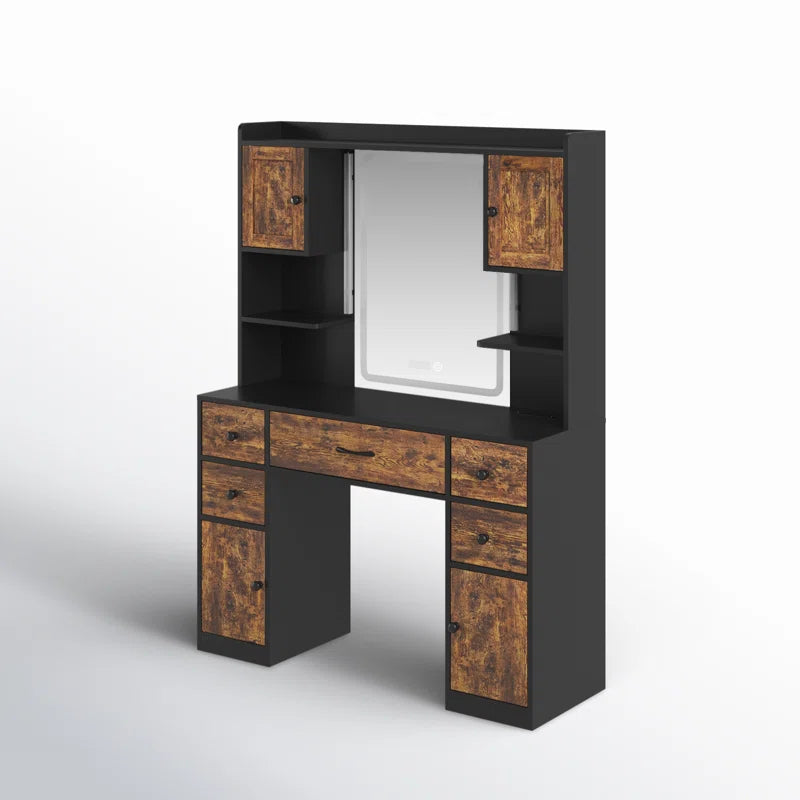 Trembly Modern Vanity Desk with LED Lighted Mirror With Multiple Storage Drawers and Open Shelves