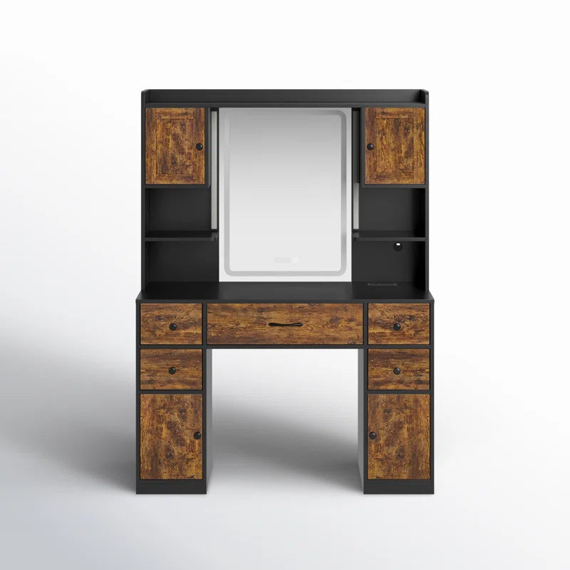 Trembly Modern Vanity Desk with LED Lighted Mirror With Multiple Storage Drawers and Open Shelves