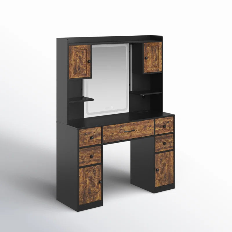 Trembly Modern Vanity Desk with LED Lighted Mirror With Multiple Storage Drawers and Open Shelves