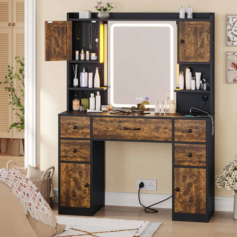 Trembly Modern Vanity Desk with LED Lighted Mirror With Multiple Storage Drawers and Open Shelves