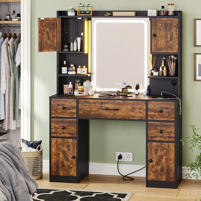 Trembly Modern Vanity Desk with LED Lighted Mirror With Multiple Storage Drawers and Open Shelves