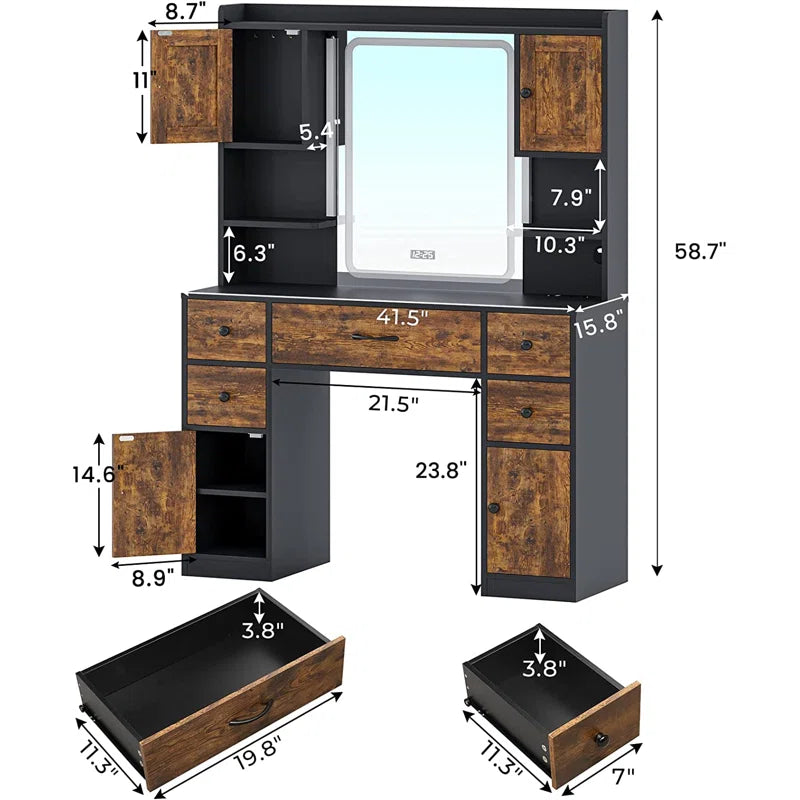 Roy Vanity Desk with Lighted Mirror Storage Shelves Drawers and Built-in Power Outlet