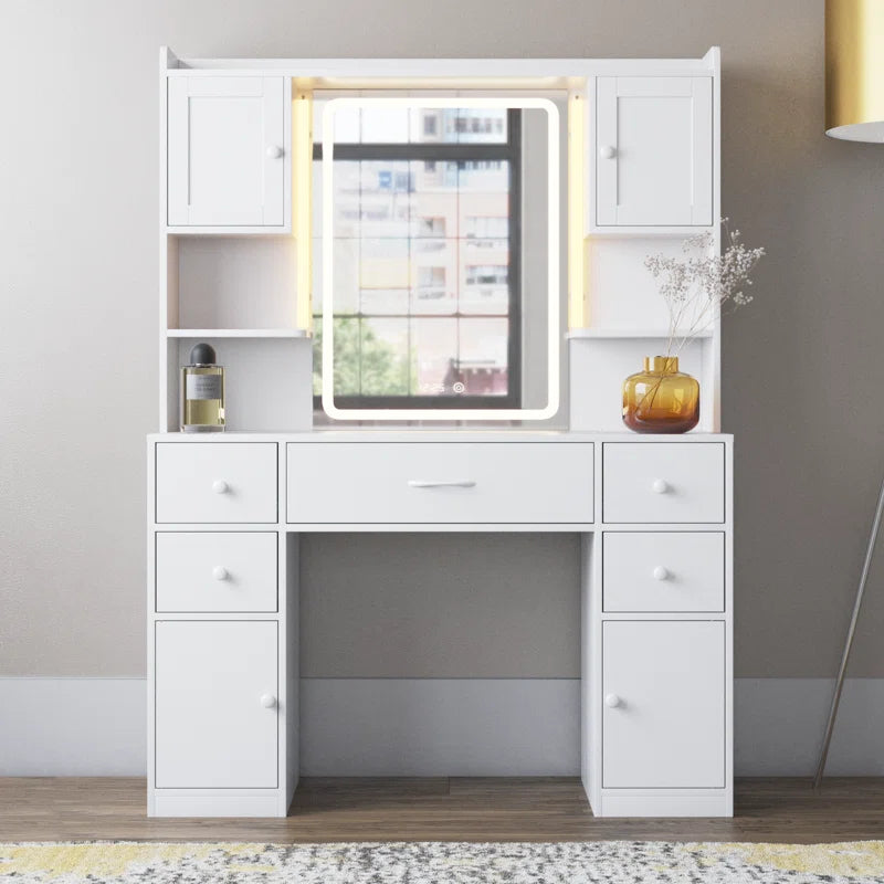 Trembly Modern Vanity Desk with LED Lighted Mirror With Multiple Storage Drawers and Open Shelves