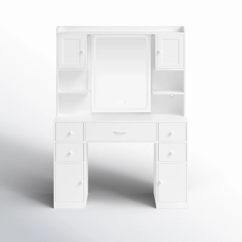 Trembly Modern Vanity Desk with LED Lighted Mirror With Multiple Storage Drawers and Open Shelves