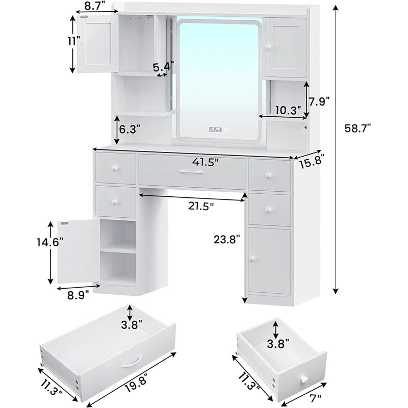 Trembly Modern Vanity Desk with LED Lighted Mirror With Multiple Storage Drawers and Open Shelves