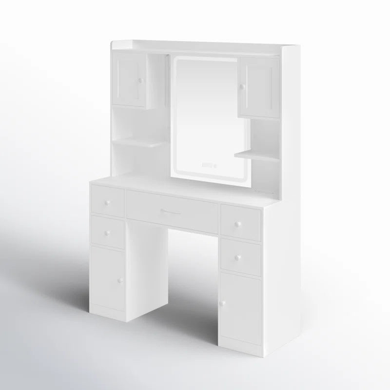 Trembly Modern Vanity Desk with LED Lighted Mirror With Multiple Storage Drawers and Open Shelves