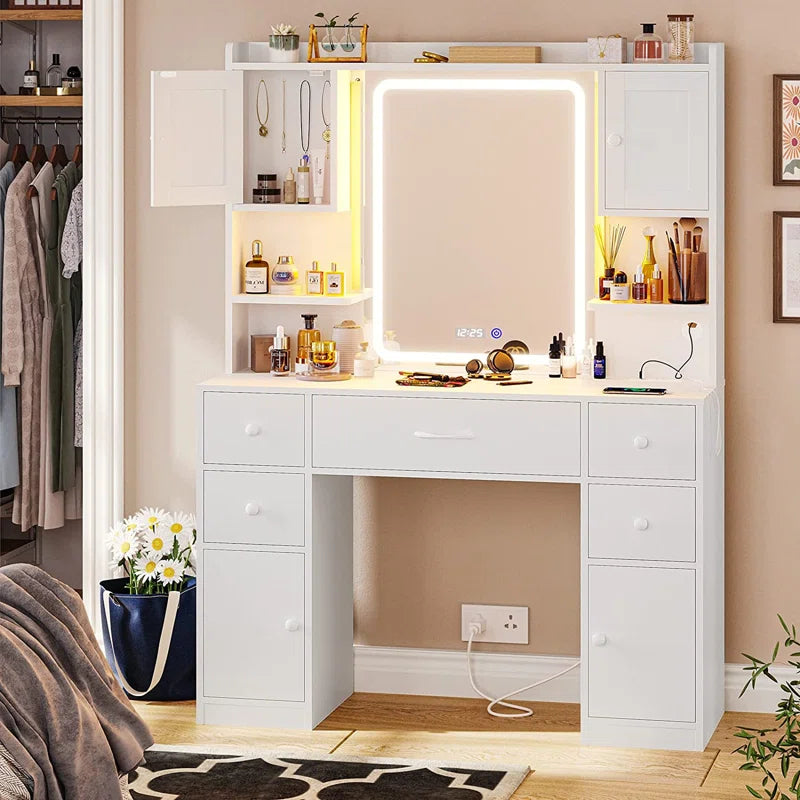 Trembly Modern Vanity Desk with LED Lighted Mirror With Multiple Storage Drawers and Open Shelves