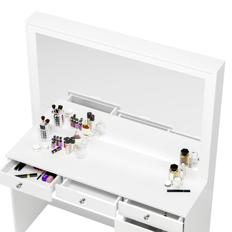 Chicagoan Large Modern Makeup Vanity Table with Big Mirror, 7 Drawers and Power Outlet
