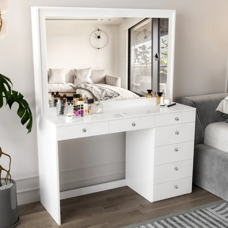 Chicagoan Large Modern Makeup Vanity Table with Big Mirror, 7 Drawers and Power Outlet
