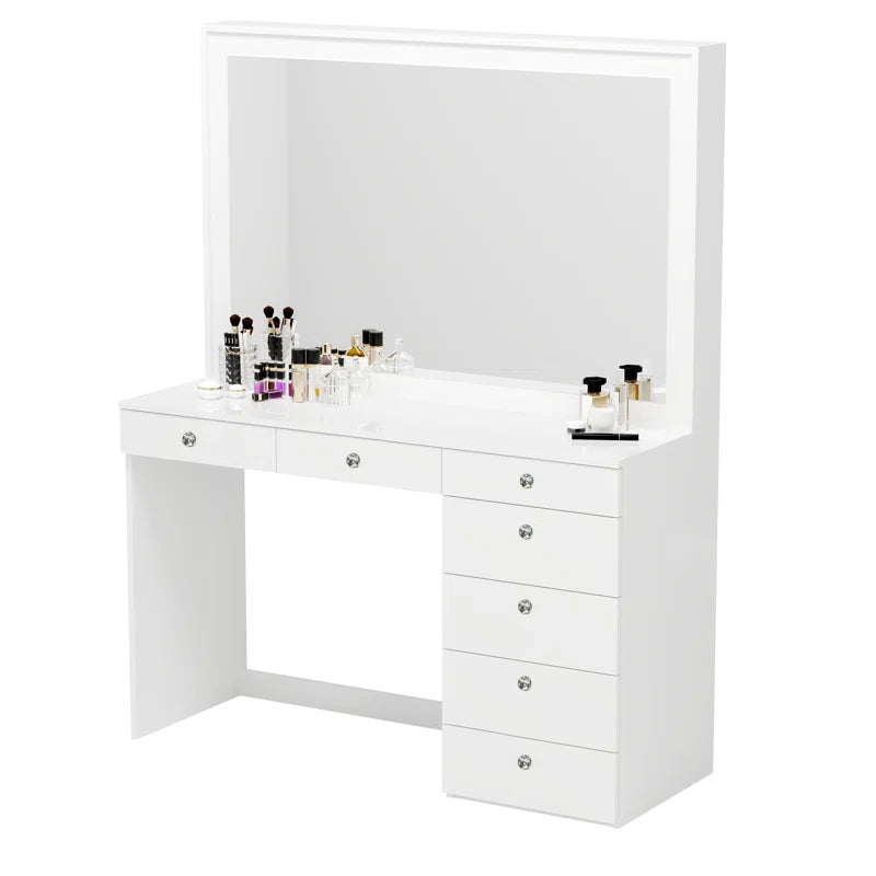 Chicagoan Large Modern Makeup Vanity Table with Big Mirror, 7 Drawers and Power Outlet