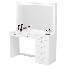 Chicagoan Large Modern Makeup Vanity Table with Big Mirror, 7 Drawers and Power Outlet