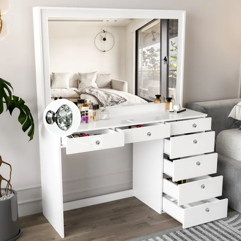 Chicagoan Large Modern Makeup Vanity Table with Big Mirror, 7 Drawers and Power Outlet