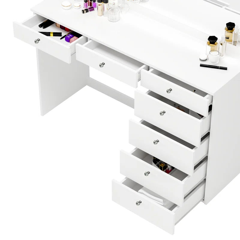 Chicagoan Large Modern Makeup Vanity Table with Big Mirror, 7 Drawers and Power Outlet
