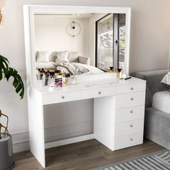 Chicagoan Large Modern Makeup Vanity Table with Big Mirror, 7 Drawers and Power Outlet