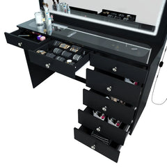 Vaniure Large Lighted Vanity Desk, 7 Drawers, Large Standing Mirror with LED Lights for Bedroom
