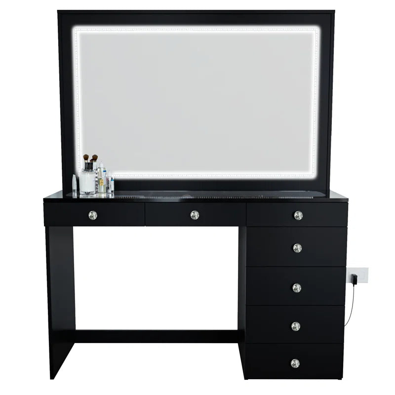 Vaniure Large Lighted Vanity Desk, 7 Drawers, Large Standing Mirror with LED Lights for Bedroom