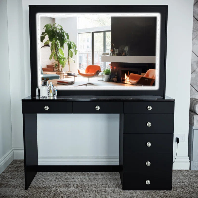 Vaniure Large Lighted Vanity Desk, 7 Drawers, Large Standing Mirror with LED Lights for Bedroom
