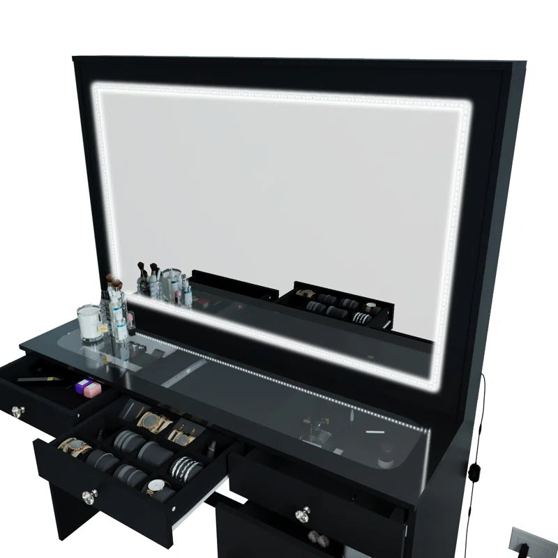 Vaniure Large Lighted Vanity Desk, 7 Drawers, Large Standing Mirror with LED Lights for Bedroom