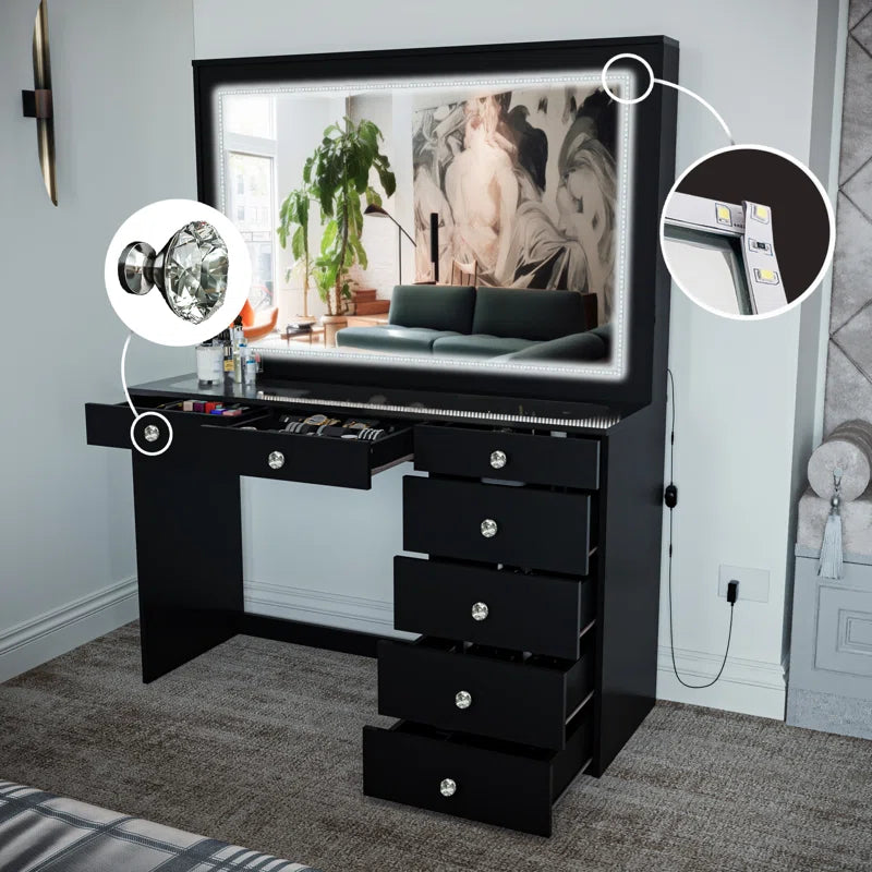 Vaniure Large Lighted Vanity Desk, 7 Drawers, Large Standing Mirror with LED Lights for Bedroom
