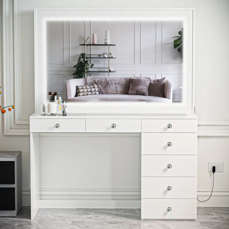 Vaniure Large Lighted Vanity Desk, 7 Drawers, Large Standing Mirror with LED Lights for Bedroom