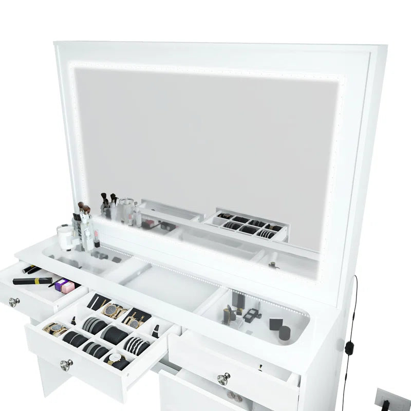 Vaniure Large Lighted Vanity Desk, 7 Drawers, Large Standing Mirror with LED Lights for Bedroom