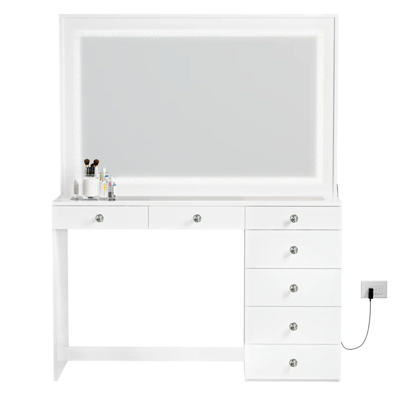 Vaniure Large Lighted Vanity Desk, 7 Drawers, Large Standing Mirror with LED Lights for Bedroom