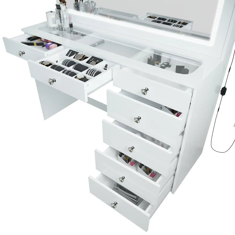 Vaniure Large Lighted Vanity Desk, 7 Drawers, Large Standing Mirror with LED Lights for Bedroom