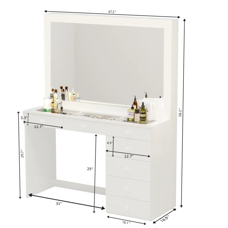 Vaniure Large Lighted Vanity Desk, 7 Drawers, Large Standing Mirror with LED Lights for Bedroom