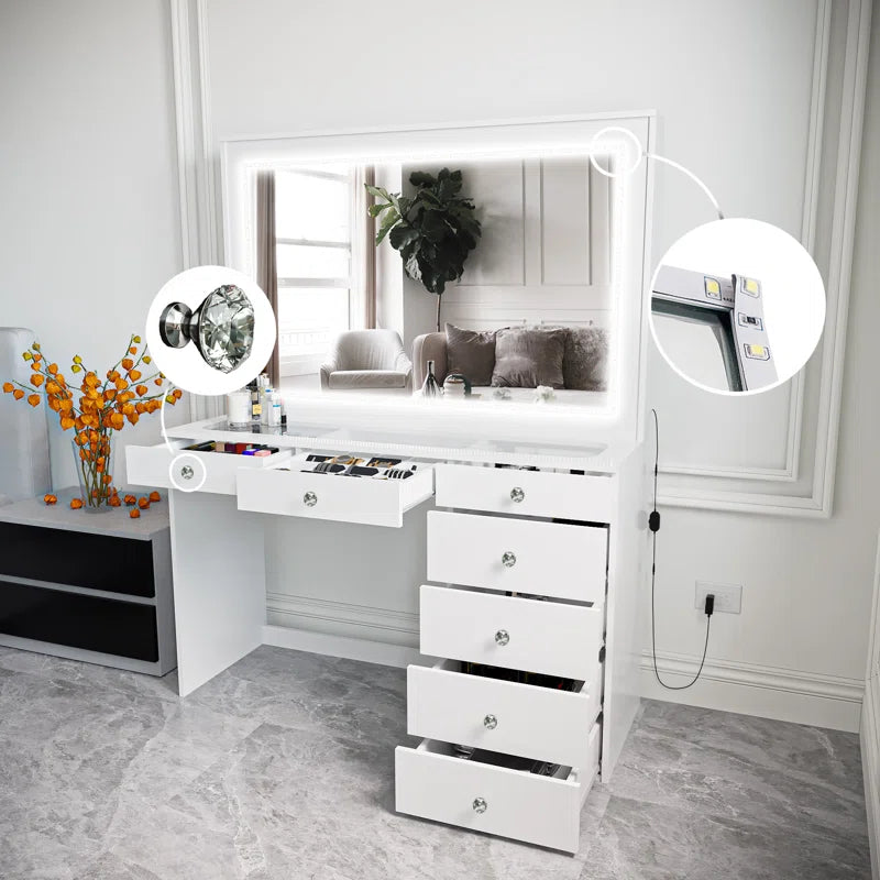 Vaniure Large Lighted Vanity Desk, 7 Drawers, Large Standing Mirror with LED Lights for Bedroom