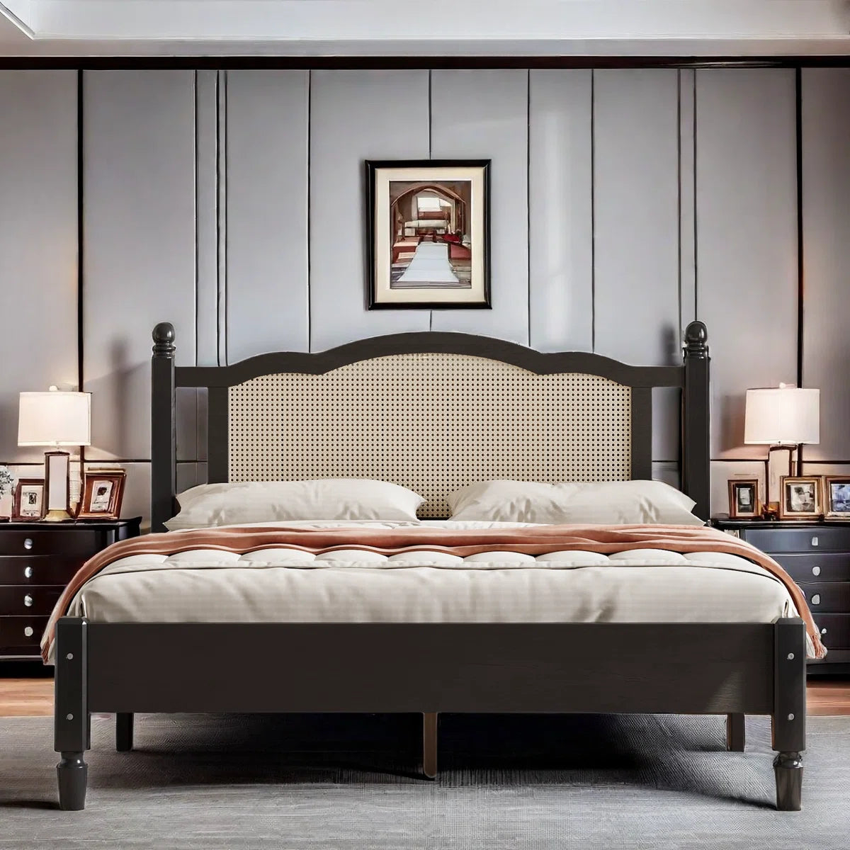 Wooden Platform Bed With Natural Rattan Headboard And Arc Design