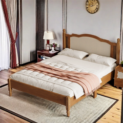 Wooden Platform Bed With Natural Rattan Headboard And Arc Design