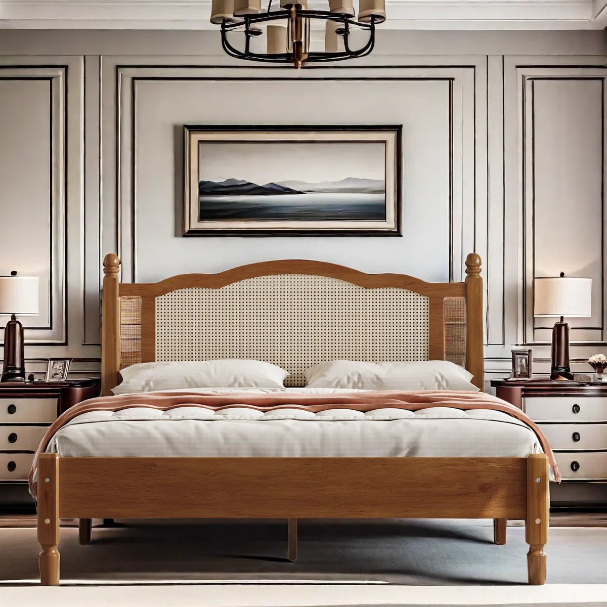 Wooden Platform Bed With Natural Rattan Headboard And Arc Design