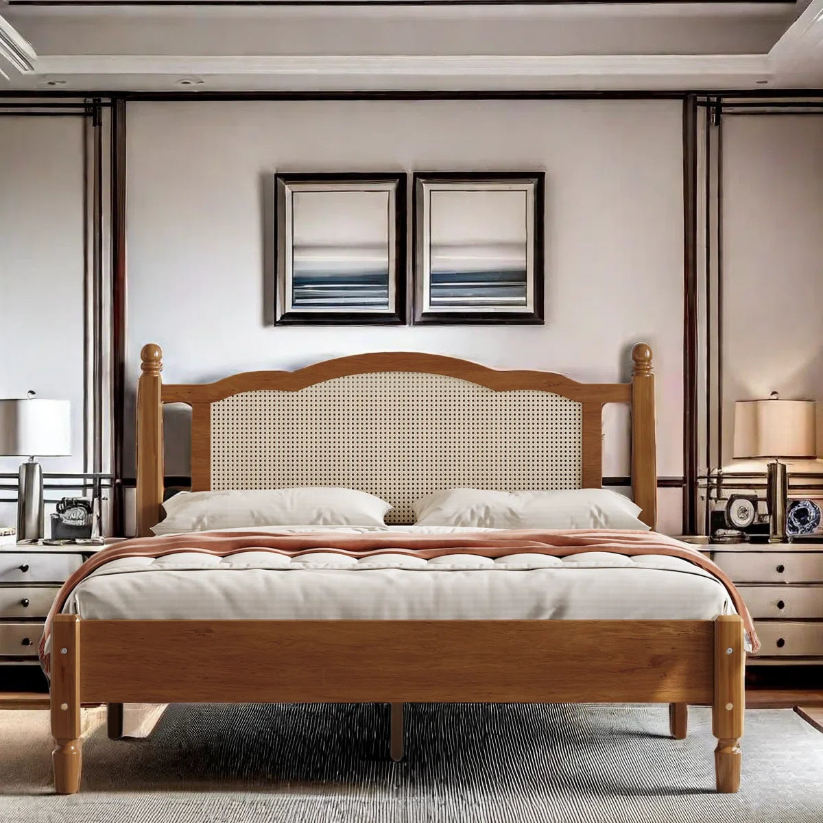 Wooden Platform Bed With Natural Rattan Headboard And Arc Design