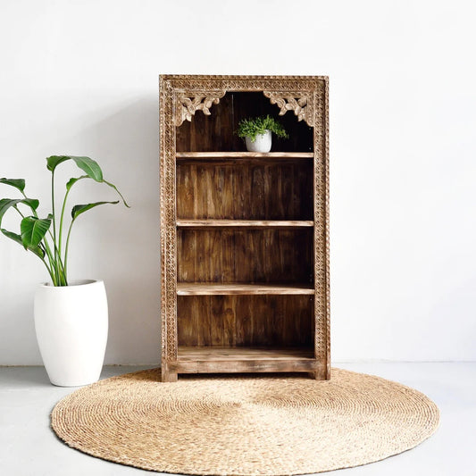 Haskel Hand Carved Storage Bookshelf With 3 Shelves - Wooden Bazar