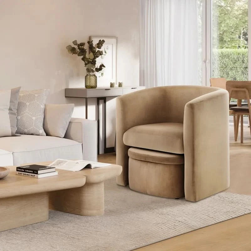 Zallin Upholstered Barrel Accent Chair With Storable Ottoman Wooden Bazar