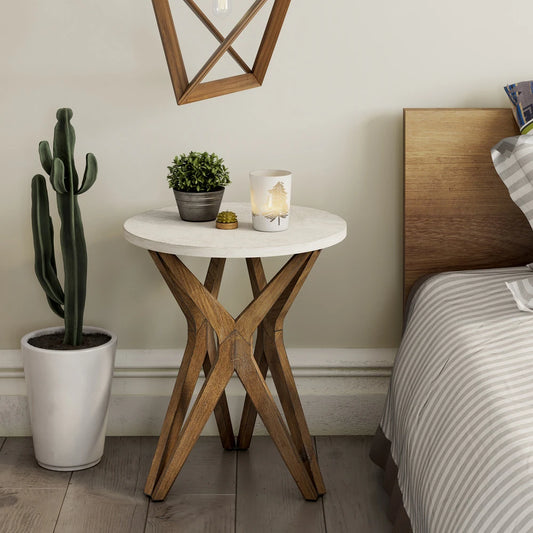 Samir Pedestal Farmhouse End Table, Distressed Top with Base for Modern Farmhouse