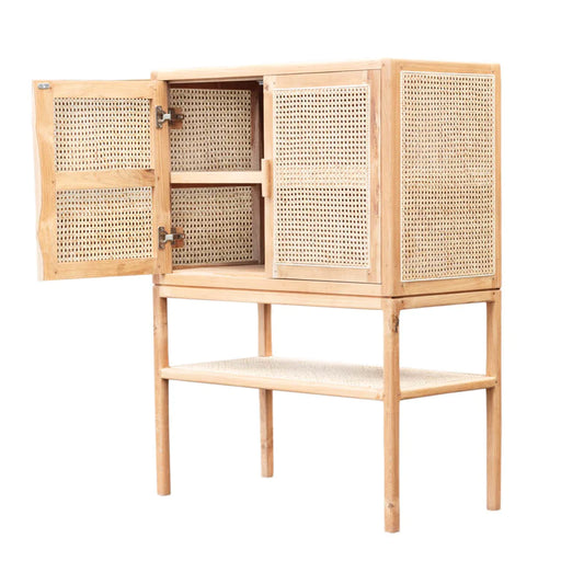 Green Solid Wood Stylish Cabinet with Rattan Cane Door - Wooden Bazar