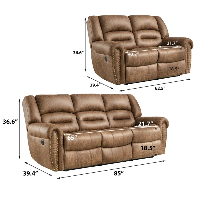 Caedine 2 - Piece Classic and Overstuffed Soft Vegan Leather Power Reclining Living Room Luxury Sofa Set