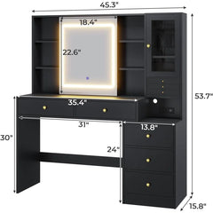 Martin Modern Vanity Desk with LED Mirror Ample Storage Shelves Glass Cabinet and Drawers